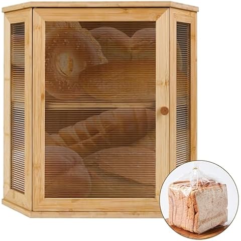 WADILE Extra Large Corner Bread Box, 100 Bread bags with ties ＆ Corner Bread Box for Kitchen Counter, Bamboo Wood Large Capacity Bread Storage Bin for Kitchen Counter Cover
