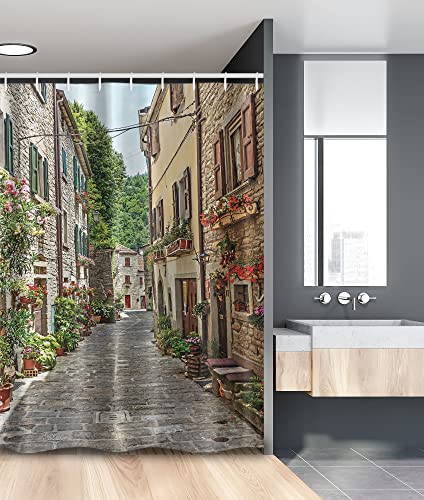 Ambesonne Wanderlust Stall Shower Curtain, Narrow Old Street Flowers In Italy Medieval Historic Buildings, Fabric Bathroom Decor Set With Hooks, 54" W X 78" L, Beige Umber #TOP6