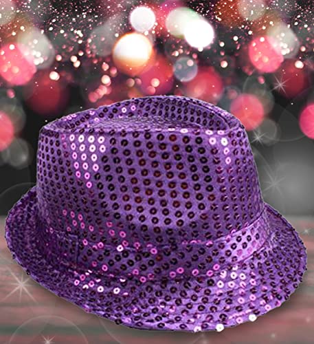 Mozlly Glamorous Purple Fedora Disco Hat, Unisex Retro and Funky Costume Sequin Hat, Party Prop, Favor, and Novelty Accessory, Dress Up Cosplay Sequined Hat Accessories for Men and Women – 11 Inch