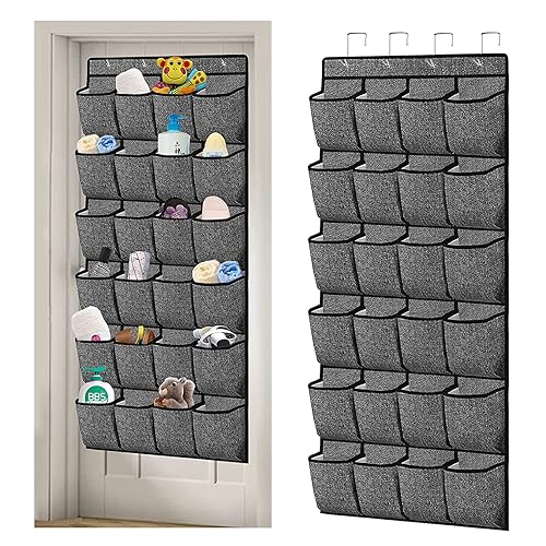 Qumeney - Almacenamiento de zapatos por encima de la puerta, estante colgante, soporte de almacenamiento de zapatos, 24 bolsillos grandes y 4 ganchos anchos para puerta de guardarropa, color gris