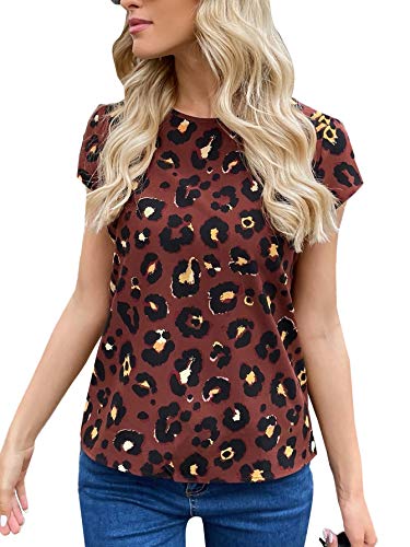 SheIn Women's Leopard Print Short Sleeve Blouse Round Neck Casual Tee Tops Brown Leopard Large