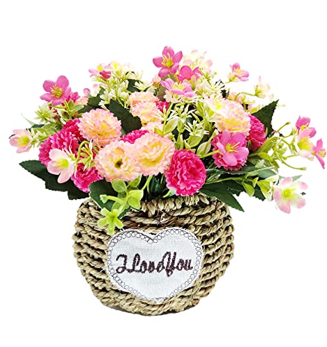 BEADY カントリースタイル 編み円型フラワーバスケット 手作り 自社DIY カーネーション 人工観葉植物 造花 光触媒加工 フェイクグリーン インテリア ギフト お祝い 母の日 マゼンタ&ピンク色