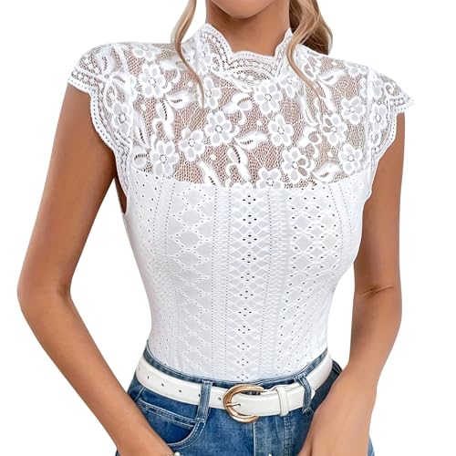 Odizli Spitzen Oberteile Damen Sommer Elegant Sexy Kurzarm Rollkragen Blume Spitze Durchsichtig Rückenfreies Enge Top Bluse Spitzentop Spitzenbluse Festliche Hochzeit Party Trachtenbluse Weiß L