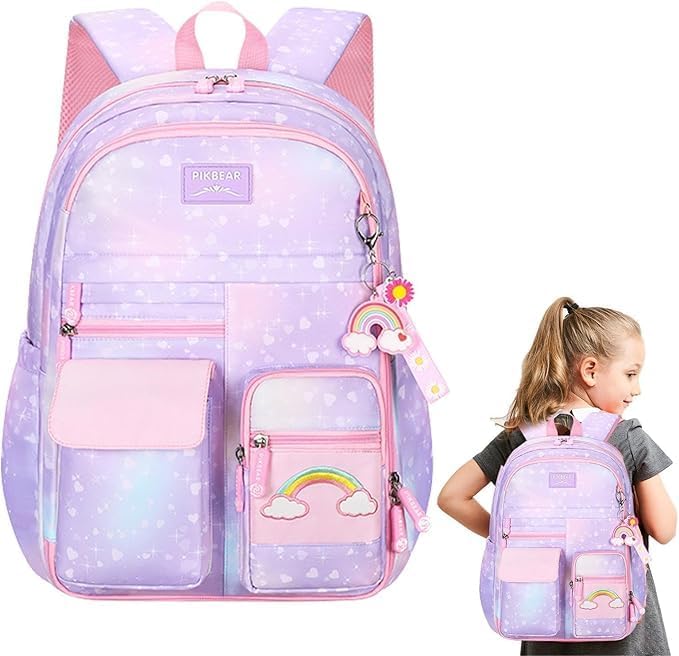 Image of Girls School Backpack Cute Pink Pastel Gradient Bag with Multiple Compartments Lightweight Durable Bookbag for Kids Students (purple bag)