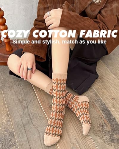 Image of IIG 3-5 Pairs Womens Vintage Cozy Crew Socks Soft Cute Neutral Cotton Socks Exquisite Patterns Socks Gift