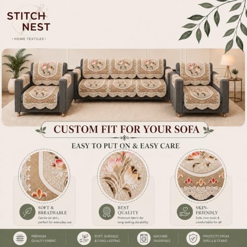 Image of STITCHNEST Florenza Beige 10 Piece Cotton Net Sofa Slip Cover |5 Seater