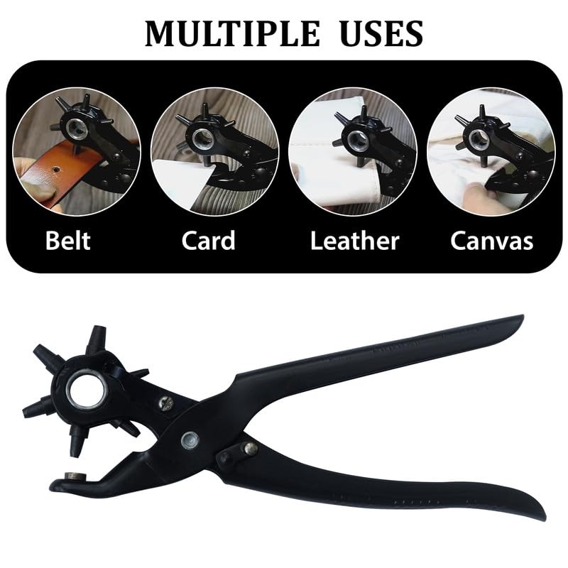 Image of Heavy Duty Rotary Leather Hole Punch Tool - Revolving Punch Plier for Belts, Watch Straps, Bags, Dog Collars, Fabric, and Saddles - 6 Hole Sizes (2-4.5mm) - Ergonomic Grip