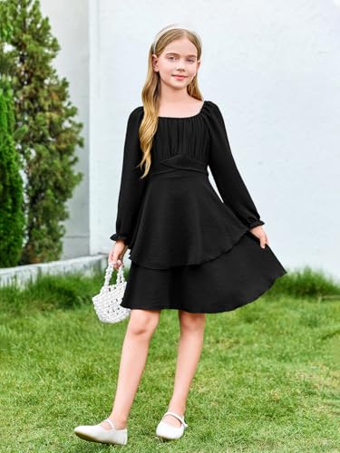 Haloumoning Girls Fall Dress Long Sleeve Off Shoulder Puff Sleeve Ruffle Tiered Layer Party Dresses 7-14 Years2