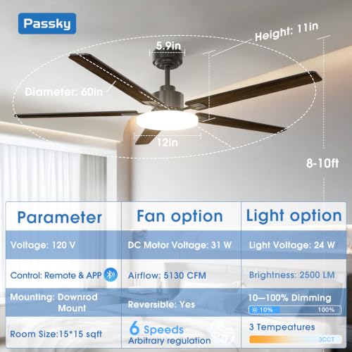 Image of Passky 60 Inch Black Sleek Ceiling Fans with Lights, Remote Control | 3-color dimmable light, quiet reversible DC motor, easy install, memory, Timer, APP, bedroom, covered outdoor areas