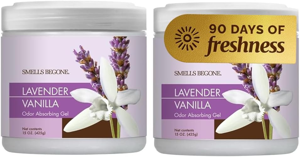 SMELLS BEGONE 15oz Gel Odor Eliminator - Absorb & Remove Tough Odors in Pet Areas, Bathrooms, Basements, Garage, Cars, RVs & Boats - Eliminate Odors Quickly (2-Pack, Lavender Vanilla)