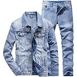Fashion Slim Solid Color Couple Jeans Set Simple Spring Autumn Light Blue Denim Jacket + Jeans 2 Piece Set