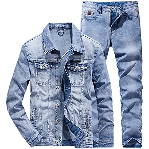 Generic Fashion Slim Solid Color Couple Jeans Set Simple Spring Autumn Light Blue Denim Jacket + Jeans 2 Piece Set