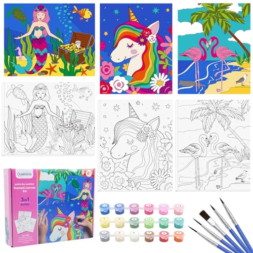 goldentime 3 Framed Canvas Paint by Numbers for Kids Ages 6 8 10 12 –Easy Paint by Numbers Kit for Kids and Adults –Unicorn Painting Kit for Girls, Mermaid Crafts for Girls Ages 6-8-12…