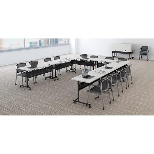 Lorell Shift 2.0 Flip & Nesting Mobile Table, 60\" x 24\" x 29.5\", Black Steel Frame, Gray Laminated Top