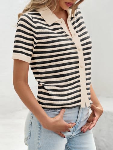 Saodimallsu Womens Striped Short Sleeve Sweater Tops Polo Collared Button Crochet Summer Cropped Cardigan4