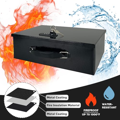YIYITOOLS Fireproof Lock Box for Documents, Fire Resistant Safe Fire Safe Box with Dual Combination and Key Lock Document Box with Carrying Handle for Personal Items Jewelry Money, Black by YIYITOOLS - Image 2