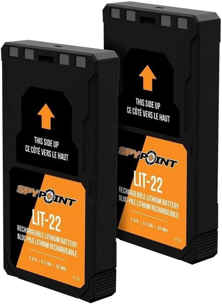 SPYPOINT LIT-22 Rechargeable Lithium Battery Pack (7.4V, 5.4Ah) for Cellular Trail Cameras, Compatible with Flex Series (M, Dark, S-Dark, S, G36, Flex-Plus), Includes AC Charging Cable (Pack of 2)