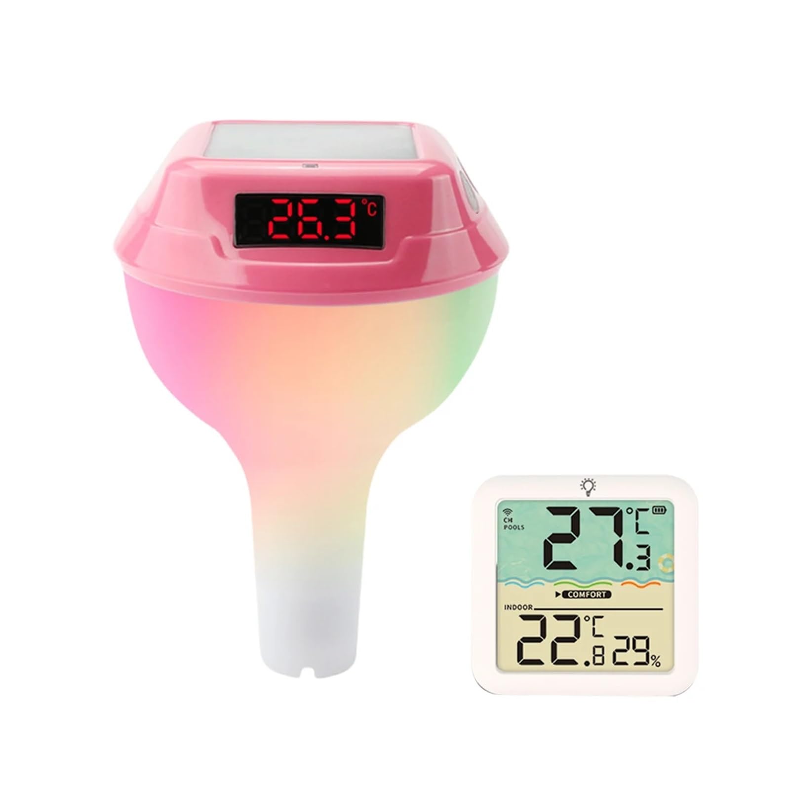 Termometro Digitale Solare Wireless for Piscina, misuratore di Temperatura for Il Nuoto con luci RGB dinamiche, Timer e Schermo LED.(Red with Receiver)