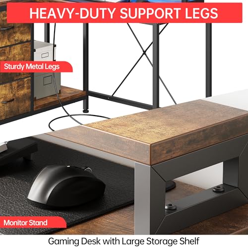 Image of Hetoy L-Shaped Computer Desk with Charging Station - Corner Gaming Desk with LED Lights, Drawers & Storage Shelves for Home Office Use, Rustic Brown