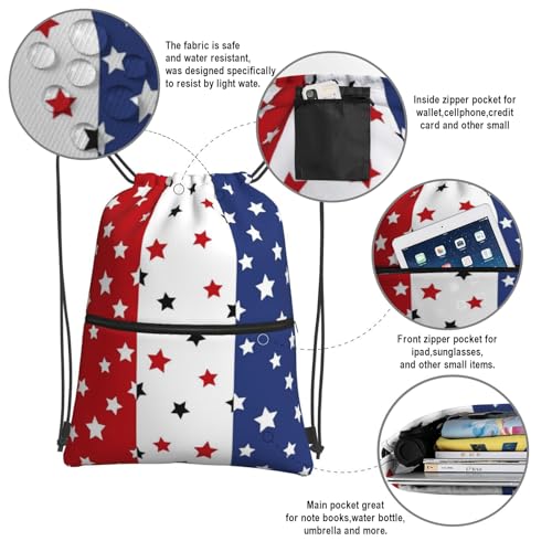 Image of July 4th Red Blue Stars Drawstring Bag, Independence Day Memorial Day Waterproof Drawstring Bckpack for Gym Sports, Red Blue Women Men Sackpack Bag with Front Zipper Pocket and Inside Zipper Pocket
