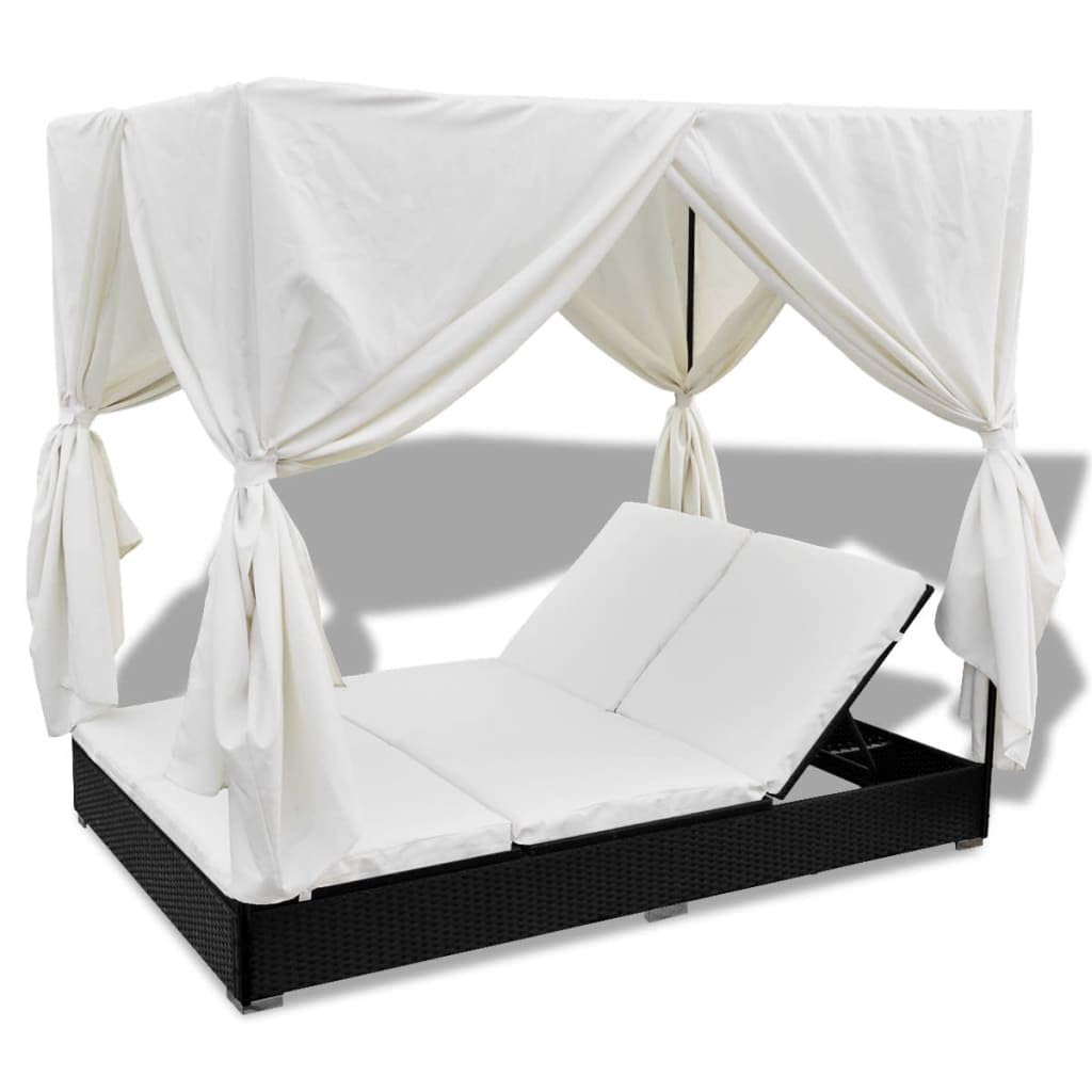 Makastle Chaise Longue D'extérieur avec Auvent et Rideaux, Lit de Repos Double avec Dossier et Repose-Pieds Réglables pour Balcon, 197x140x180 cm Noir Résine Tressée