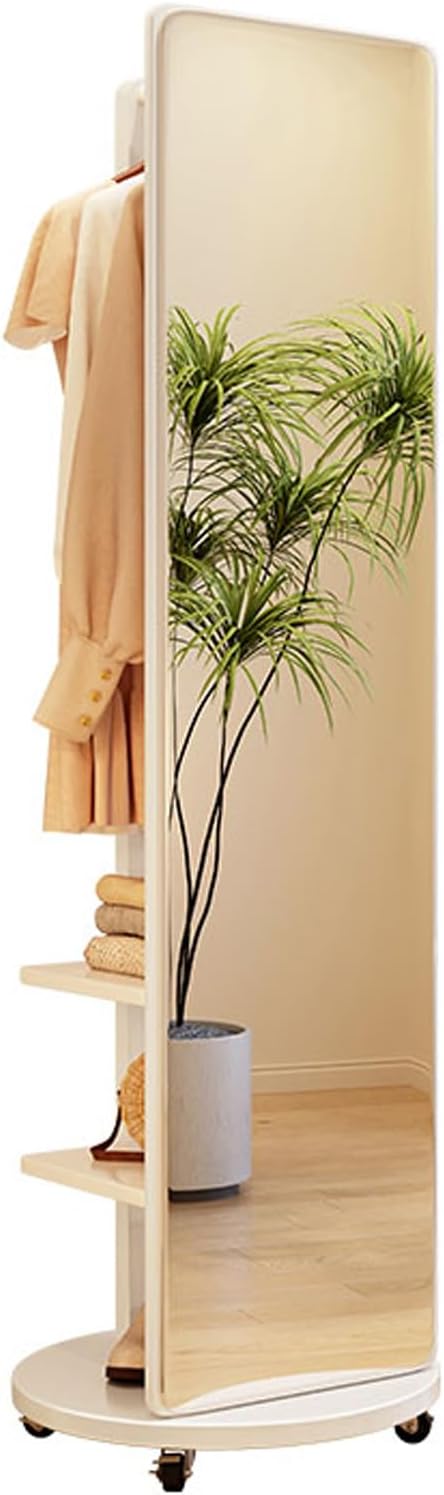 Floor-Standing Solid Wood Rotating Coat Rack，360° Rotatable Wood Full Body Mirror Coat Rack Floor Mirrors for Bedroom & Living Room Roller Version Mirror Stand