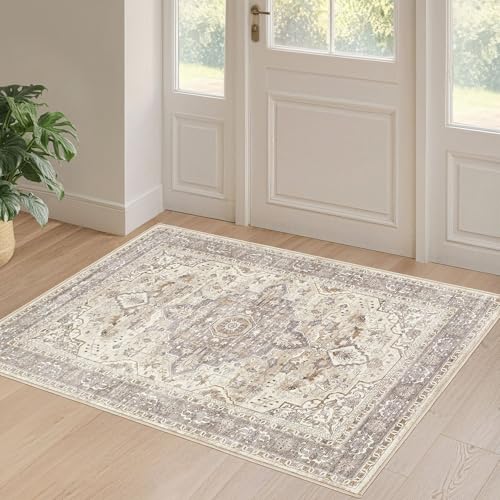 2x3 Rug Small Area Rugs: Washable Boho Neutral Vintage Soft Indoor Floor Oriental Carpet Farmhouse Floral Low Pile Non Slip Throw Carpet for Kitchen Entryway Bedroom Nursery Entry- Brown
