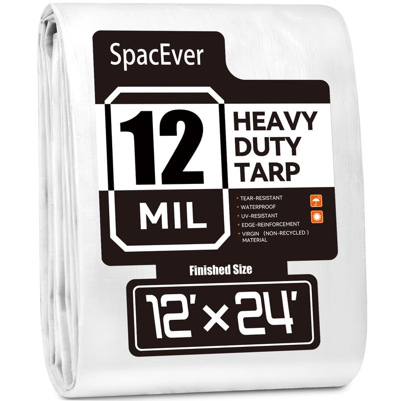 Tarp Heavy Duty 12x24 FT 12 Mil Thick Large Tarps Water-Proof with Grommets UV& Tear Resistant Plastic Cover for Pool Roof Tent Outdoor Firewood White