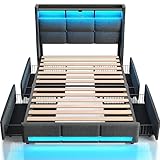 Rolanstar Twin Size Bed Frame with LED Lights and Charging Station, Upholstered Bed Storage Headboard & Drawers, Heavy Duty Wood Slats, Easy Assembly