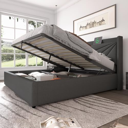 MSMOK Cama tapizada, espacio de almacenamiento, con función de carga USB tipo C, cabecero, estructura de cama de material de lino, cama juvenil con somier (sin colchón) (gris, 160 x 200 cm)