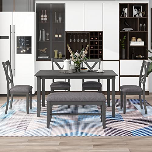 Image of LUMISOL 6-Piece Dining Table Set for 6, Wood Kitchen Table Set with 4 Upholstered Chairs and Bench, Farmhouse Dining Table with Bench and Chairs for Kitchen, Dining Room, Grey