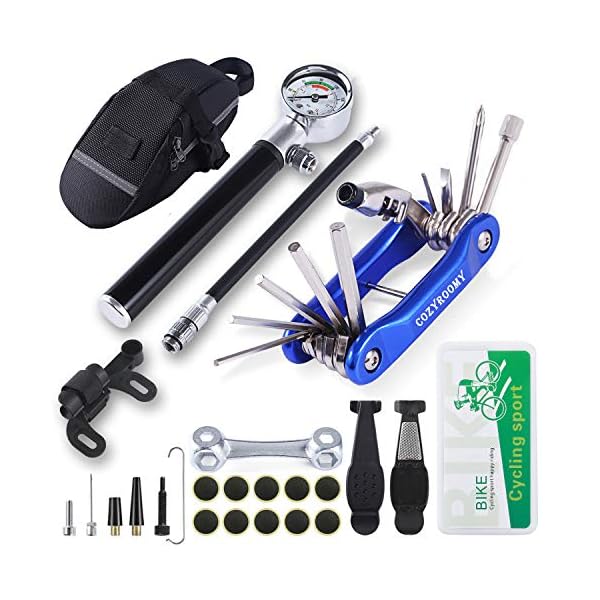COZYROOMY Fahrrad Reifen Reparaturset - Reparatur Werkzeug Set mit 210 Psi-Minipumpe 10 in 1 Multitool (Mit Kettenabscheider),10 Fahrrad Flicken, 3 In 1 Reifenheber, Saddle Bag. 6 Monate Garantie