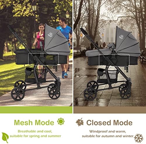 Hadwin Pram 2-in-1 Travel System, Foldable Baby Pushchair with Rain Cover, Reclinable Reversible Pushchair Seat and Carrycot from Birth, Buggy with Lying Function for Newborn to Toddler-Black & Grey