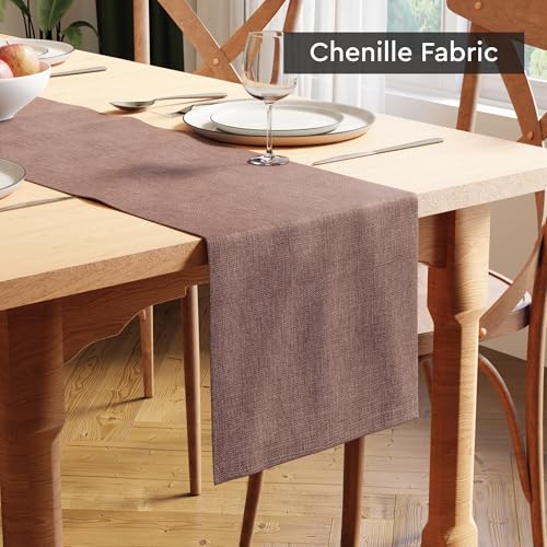 Image of Encasa XO Dining Table Runner for 4 to 6 Seater | 32x183 cm | Dusty Brown | Chenille Fabric | Machine Washable