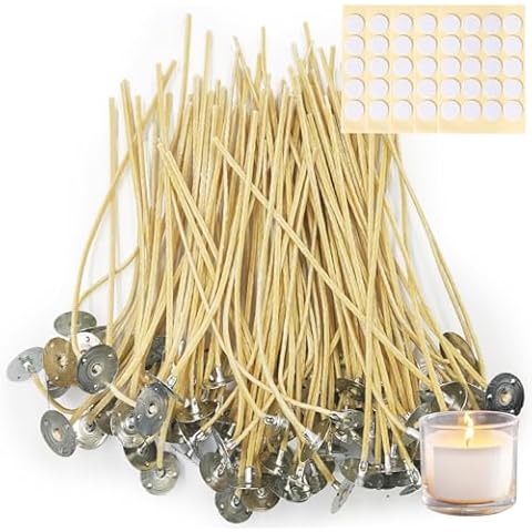 Ziosxin 100pcs Hemp Wicks + 100pcs Wick Stickers, Organic Hemp Candle Wicks, Create Beautiful, Long-Lasting Candles with 6-Inch Hemp Wicks Pre-Waxed with 100% Natural Beeswax for Easy Use Cover