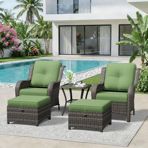 Image of 5 Piece Outdoor Wicker Patio Furniture Set, Patio Chairs Set with Thickened Olefin Cushions, High Back and Deep Seating, Hand-Woven PE Rattan, Ottoman for Porch, Deck