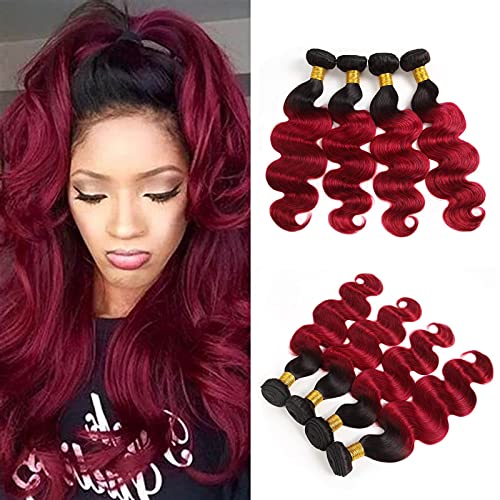 Unique Heart Body Wave Bundles Hair Extensions Brazilian Human Virgin Hair 4 Bundles Ombre Body Wave Bundle Weave Hair Human Bundles 10A Wet & Wavy Bundles 2 Tone T1B/bug, 10/10/10/10 Inch
