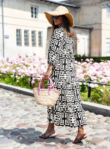 Image of miduo Womens Loose Fit Casual Summer V Neck Half Sleeve Bohemian Geometric Pattern Maxi Long Dresses
