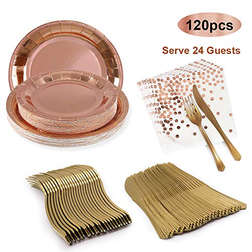 APERIL 120 pezzi Set da tavola monouso, piatti da festa, piatti di carta per decorazioni di compleanno, piatti da insalata, piatti da tavola, tovaglioli, forchette, coltelli per 24 ospiti-Oro rosa