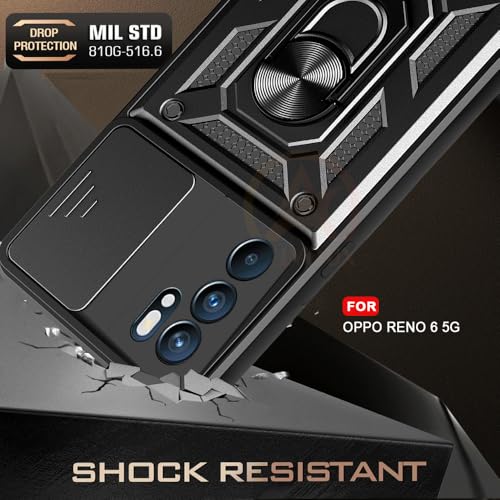 Image of Armor Bumper Back Cover Case for Oppo Reno 6 5G Rotating Camera Cover, Ring Holder & Kickstand | Heavy Duty & 360 Degree Protection Oppo Reno 6 5G Back Cover (Black)