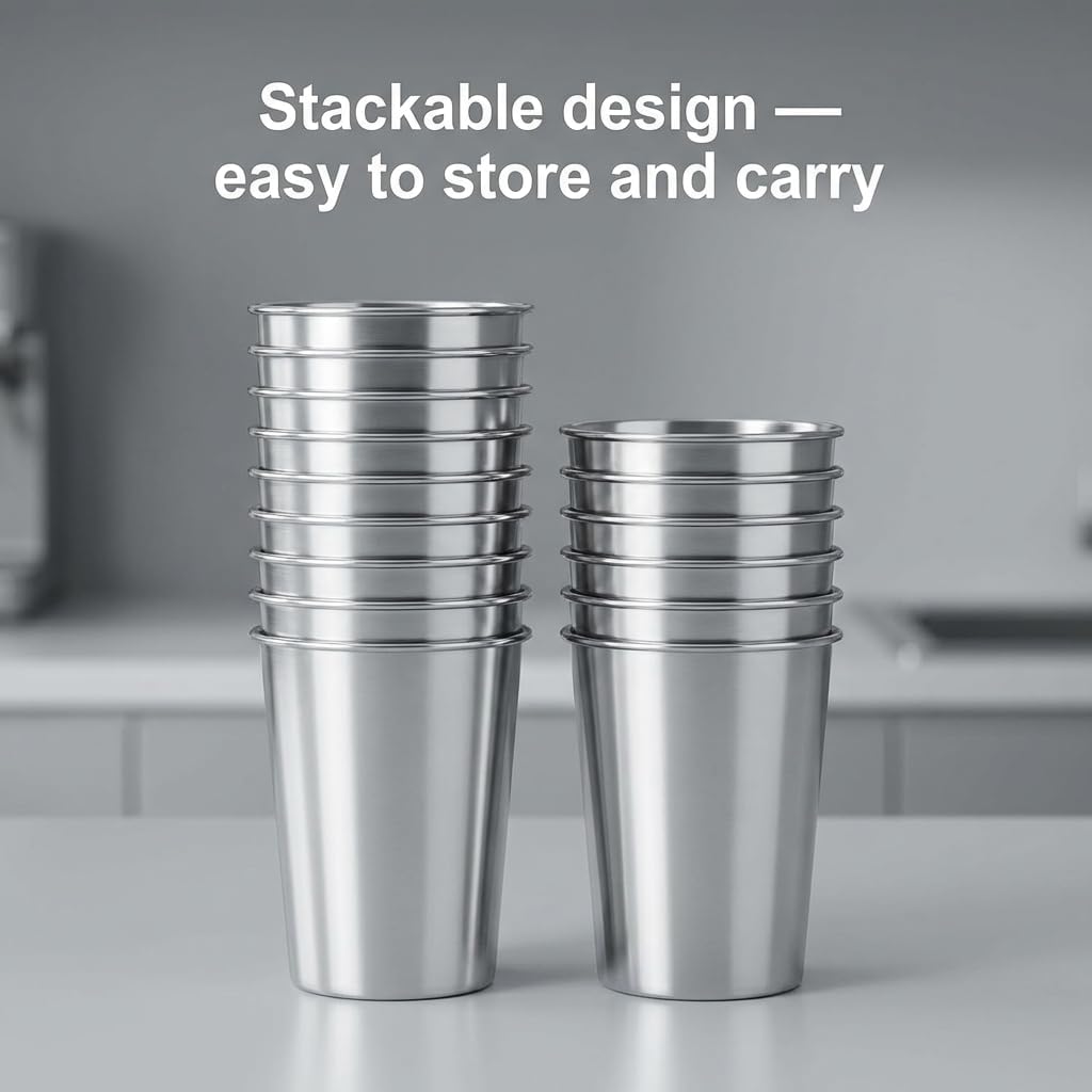 QWORK 12oz Stainless Steel Cups, 16 Pack 350ml Metal Tumblers – Stackable Shatterproof Design for Home, Camping & Parties - Image 6