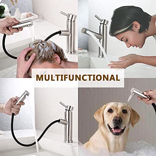Single Hole Bathroom Faucet With Pull Out Sprayer Brushed Nickel Faucet For Bathroom Sink Lavatory Pull Down Vanity Sink Faucet With Rotating Spout Modern Bathroom Faucet With Water Supply Hoses #TOP5