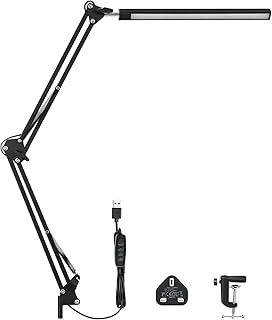 WAFTING LED Desk Lamp, Eye Caring Table Lamp with Clamp, USB Charging Cable and Plug, Adjustable Rotation Angle, 3 Light Modes, 10 Brightness Levels, for Home, Office, Bedroom, 12W, Black