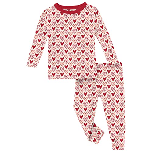KicKee Full of Hearts Two Piece Pajamas Set, Long and Short Sleeve, Long Pants, Snug Fit Pajamas