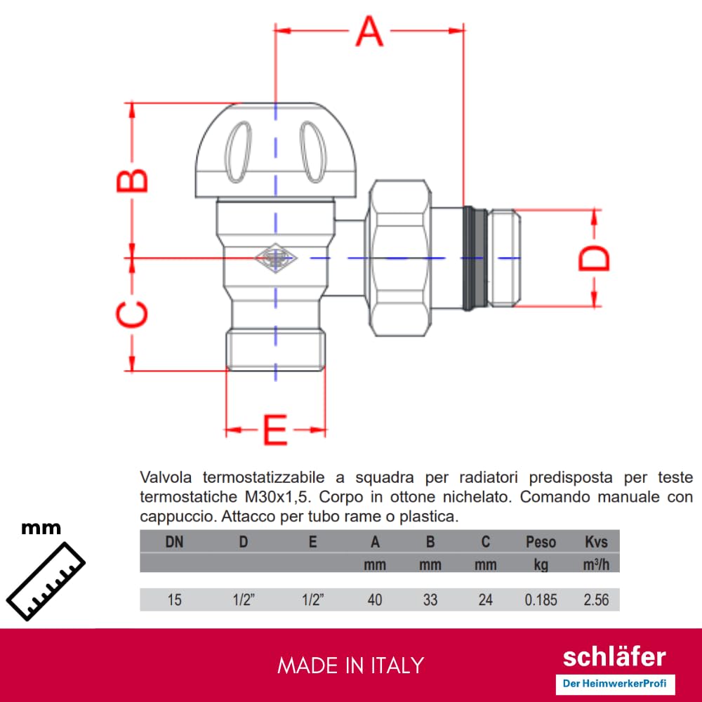 Schläfer 37041202 | Kit Termostatico ad angolo completo con valvola Termostatica 1/2, testa di comando impostazione 0-28 C e detentore 1/2 per termosifone, Termoarredi, Scaldasalviette