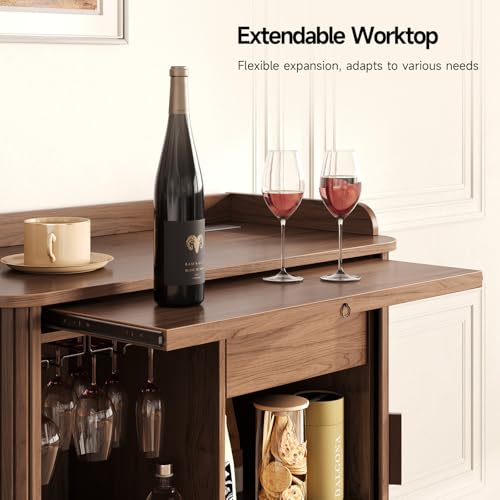 ONBRILL Fluted Bar Cabinet, Mid Century Modern Coffee Bar Cabinet, Wine Cabinet with Storage, Liquor Cabinet with Charging Station and Wine Racks Glass Holder for Home Living Room Kitchen Walnut