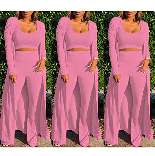 Image of Women's 2 Piece Outfits Set Ribbed Short Sleeve Casual Crop Top Wide Leg Pants Suit Set