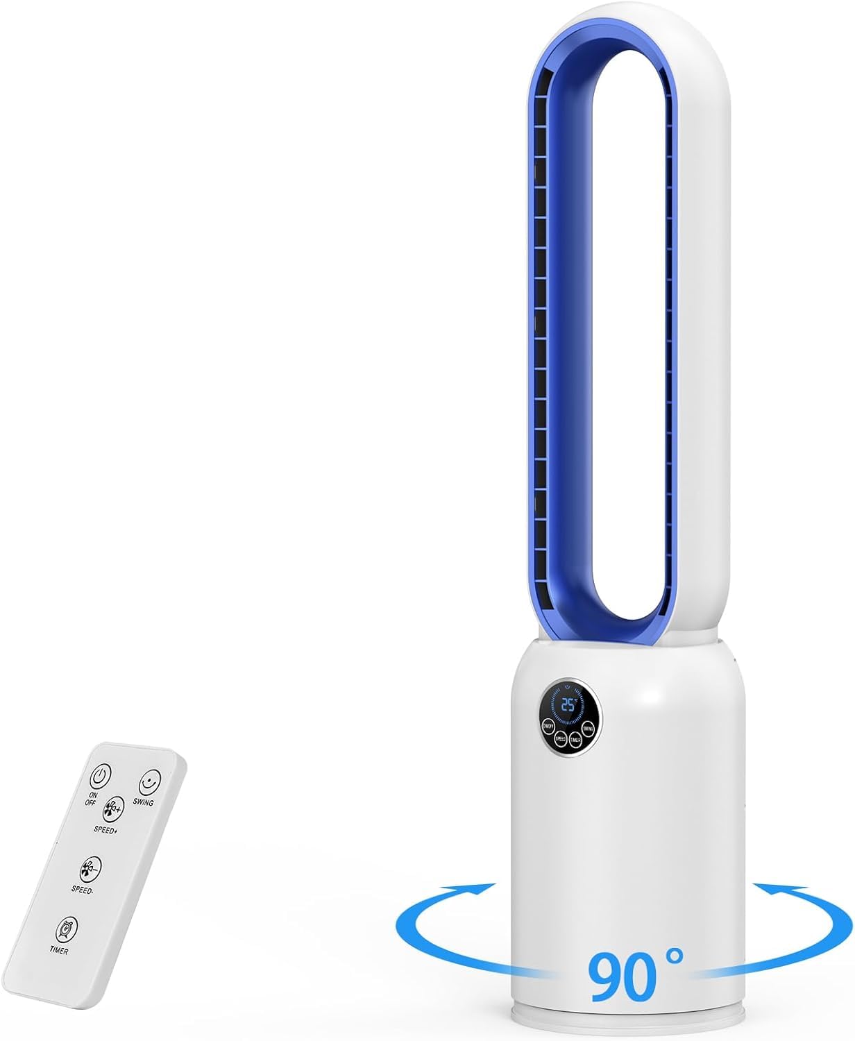 Ventilateur Sans Pale Silencieux, 24 Vitesses Ventilateur Colonne avec Purification par Ions Négatifs, Ventilateur sur Pied Oscillation à 90°, Écran LCD, Minuterie 12H, Pour Chambre à Coucher