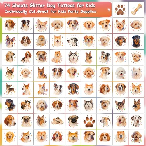 CHARLENT Glitzernde Temporäre Hunde Tattoos für Kinder– 74 einzelne Blätter | Wasserfest und Leicht Abziehbar | Perfekt für Kindergeburtstage, Hundeliebhaber, als Belohnung in der Schule