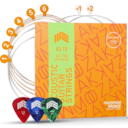 MOOZAK アコースティックギター弦 蛍光体ブロンズ アコースティックギター弦 6弦ギター用 2つの無料アコースティック弦と3つのピック付き12-53ライト